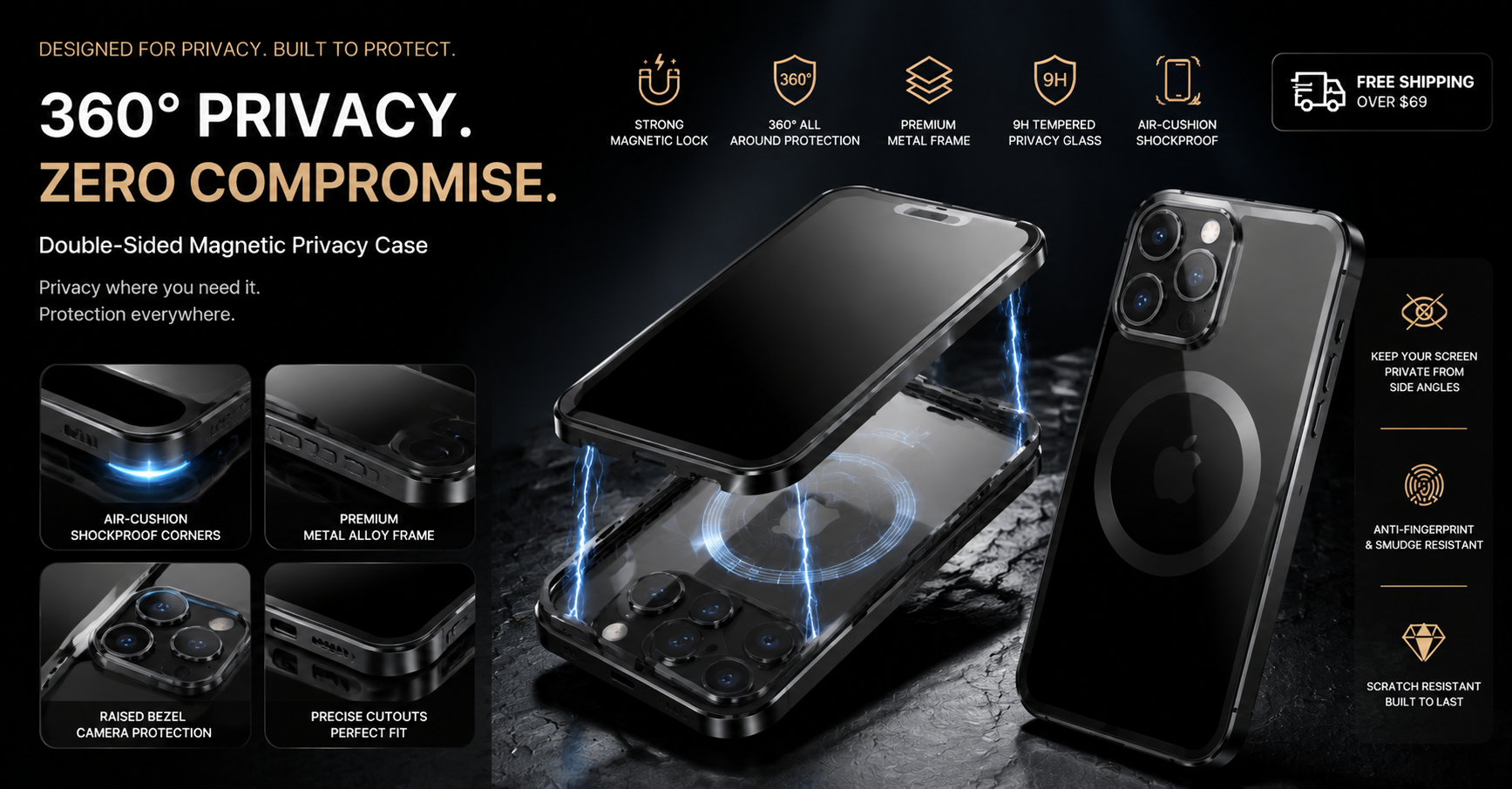 360° Double-Sided Magnetic Privacy iPhone Case | Anti-Spy Glass