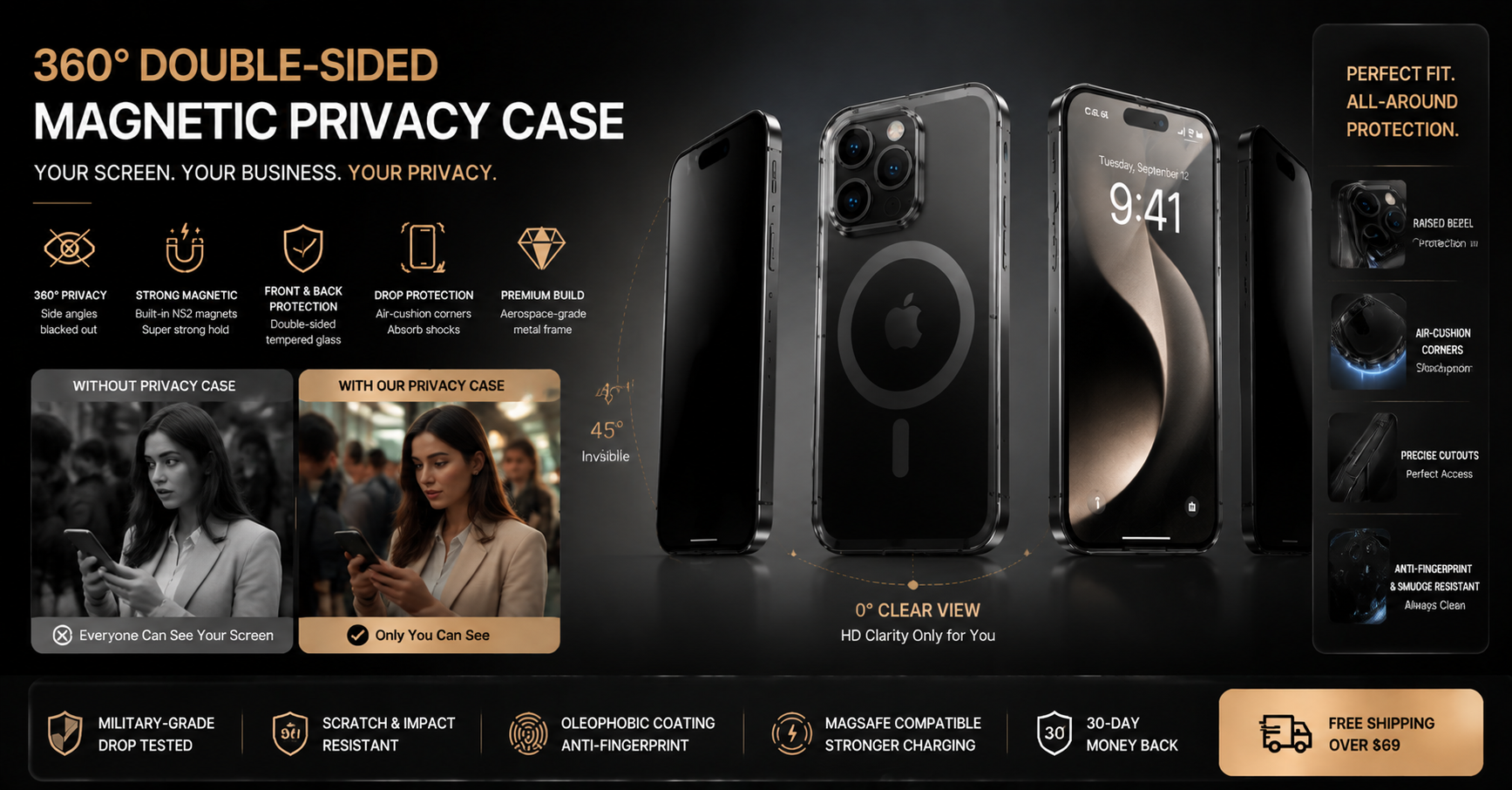 360° Double-Sided Magnetic Privacy iPhone Case | Anti-Spy Glass