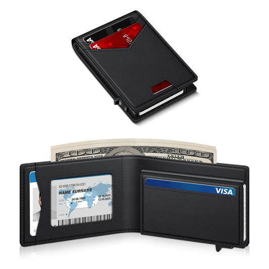 Minimalist Men's Slim Wallet: 9 - 13 Cards, Money Clip, ID Window. RFID - Blocking, Aluminum Bifold Pop - Up