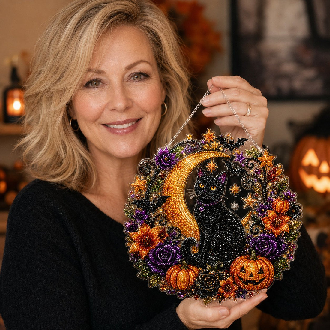 🔥Last Day 50% OFF-🎃Halloween Black Cat Moon Diamond Art Hanging Ornament Kit