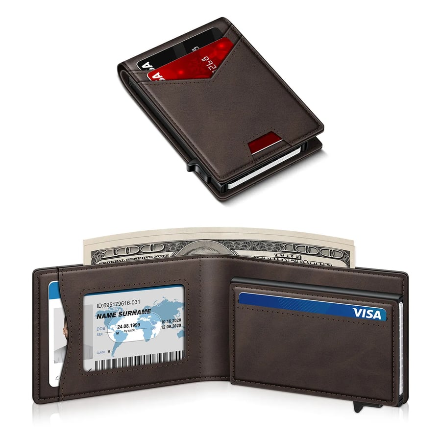 Minimalist Men's Slim Wallet: 9 - 13 Cards, Money Clip, ID Window. RFID - Blocking, Aluminum Bifold Pop - Up