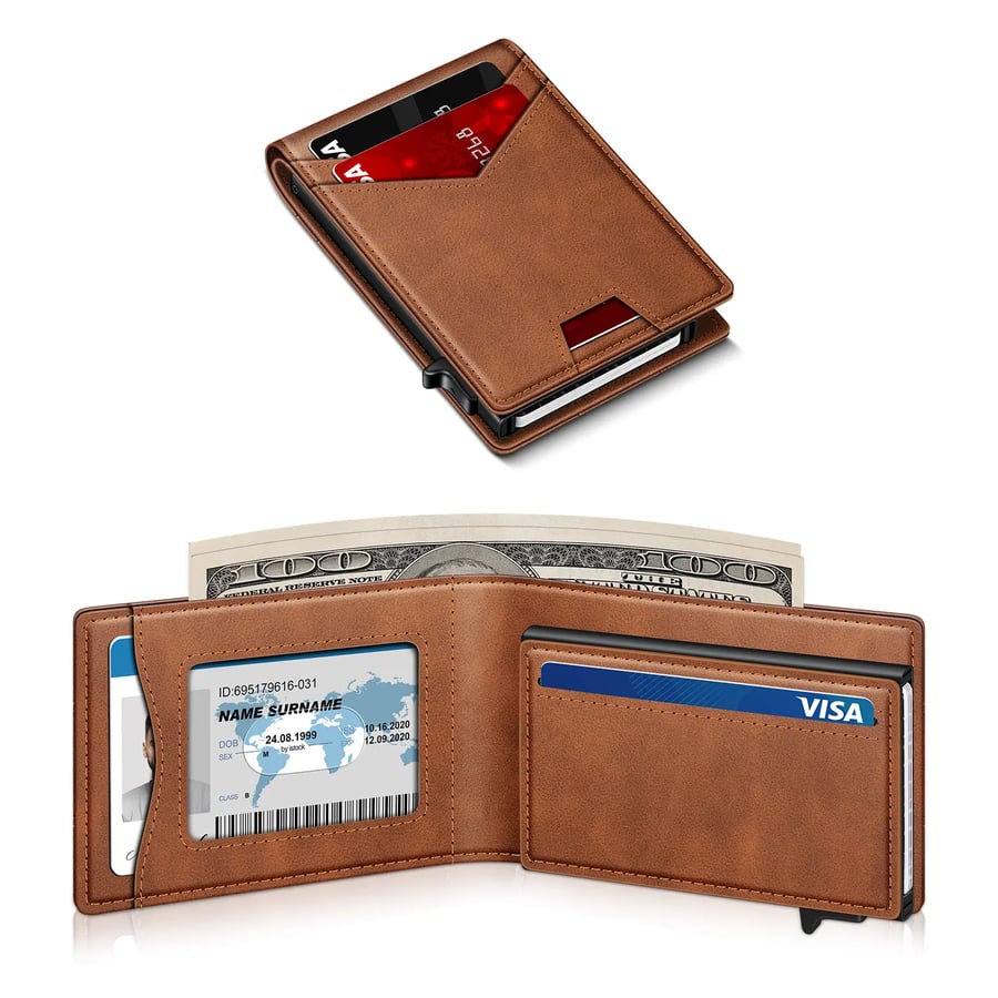Minimalist Men's Slim Wallet: 9 - 13 Cards, Money Clip, ID Window. RFID - Blocking, Aluminum Bifold Pop - Up