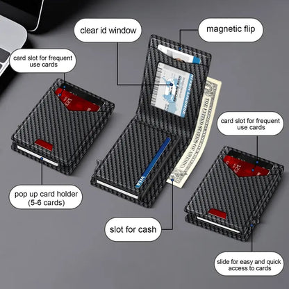 Minimalist Men's Slim Wallet: 9 - 13 Cards, Money Clip, ID Window. RFID - Blocking, Aluminum Bifold Pop - Up