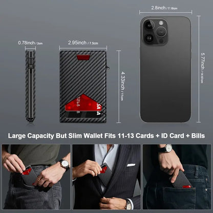 Minimalist Men's Slim Wallet: 9 - 13 Cards, Money Clip, ID Window. RFID - Blocking, Aluminum Bifold Pop - Up