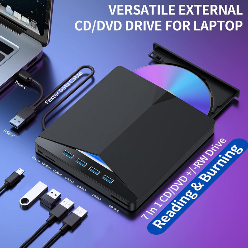 External DVD Drive USB 3.0 Type-C 7-in-1 CD/DVD Burner and Hub for Laptop, PC, Mac