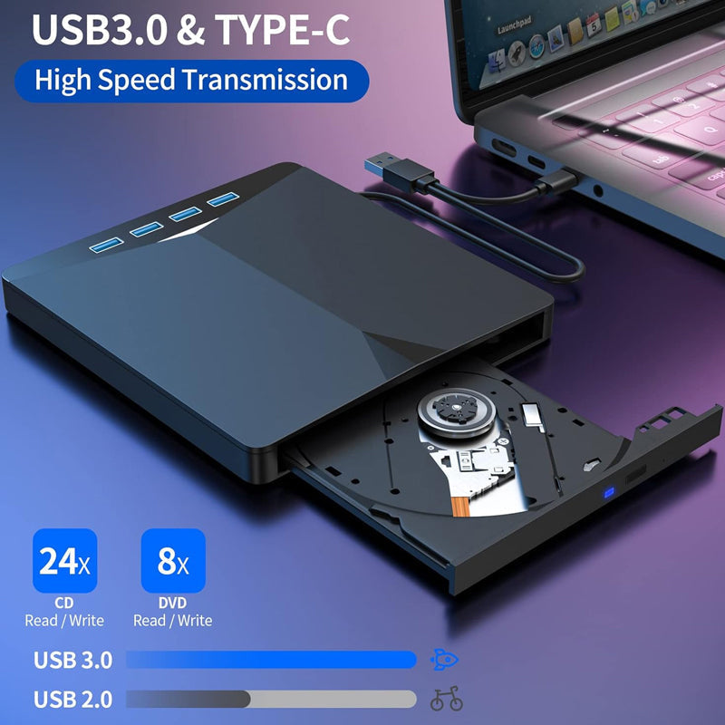 External DVD Drive USB 3.0 Type-C 7-in-1 CD/DVD Burner and Hub for Laptop, PC, Mac