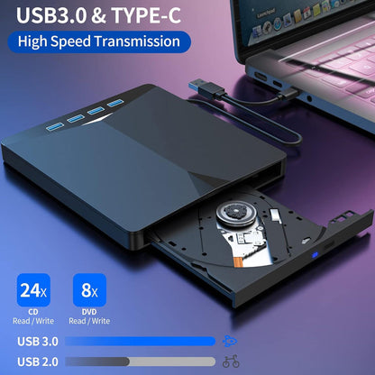 External DVD Drive USB 3.0 Type-C 7-in-1 CD/DVD Burner and Hub for Laptop, PC, Mac