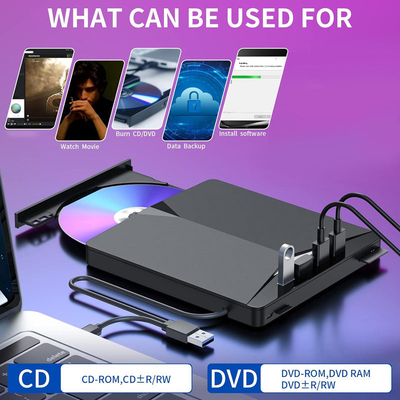 External DVD Drive USB 3.0 Type-C 7-in-1 CD/DVD Burner and Hub for Laptop, PC, Mac
