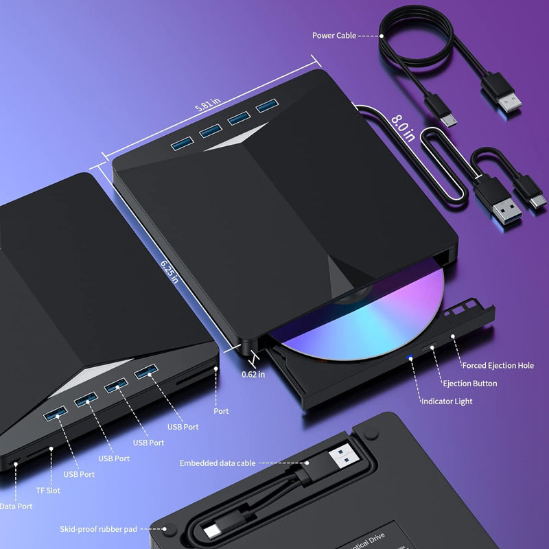 External DVD Drive USB 3.0 Type-C 7-in-1 CD/DVD Burner and Hub for Laptop, PC, Mac