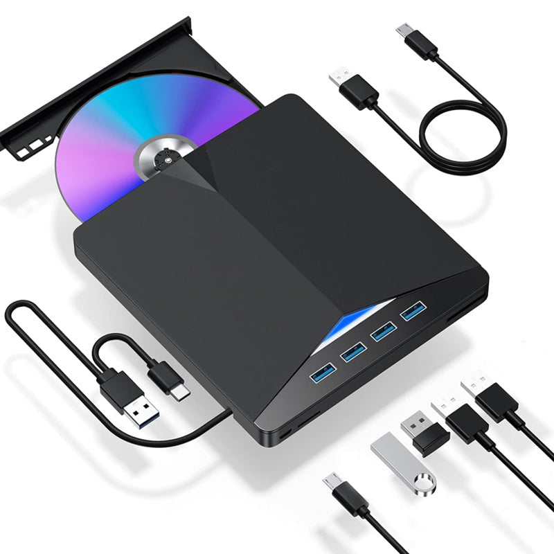 External DVD Drive USB 3.0 Type-C 7-in-1 CD/DVD Burner and Hub for Laptop, PC, Mac